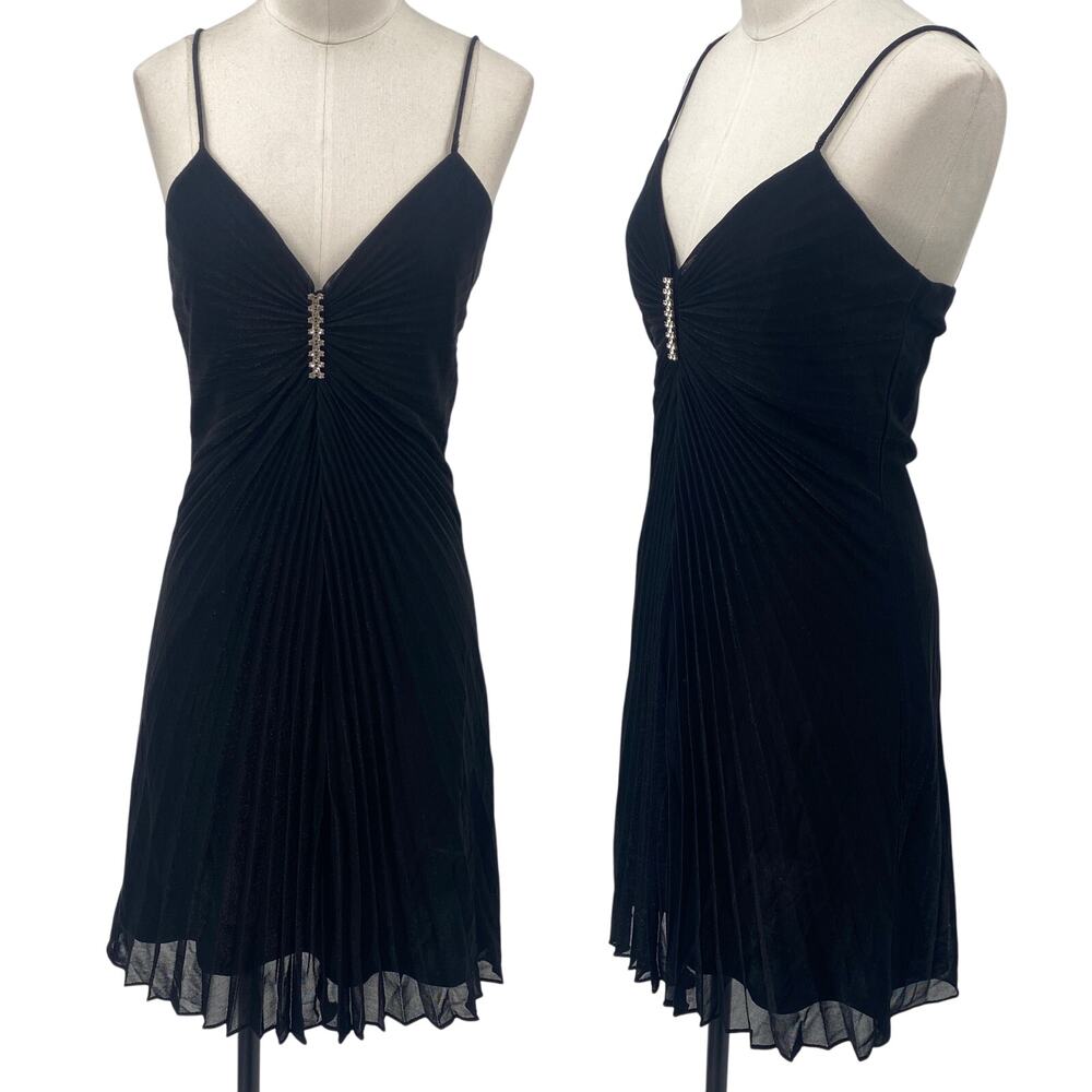 Vintage 90s Plisse Pleated Metallic Mini Dress Rhinestone Detail Black Silver XS
